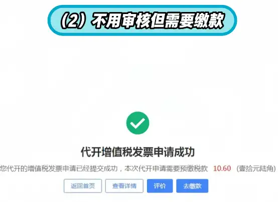 提交成功后提醒去缴款，缴款成功即可开具